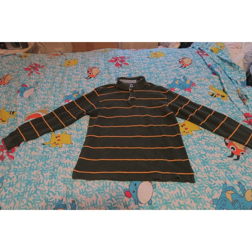 VTG 90s Flannel Denim-Collar Rugby Polo Men Med Striped Grunge Hipster Green Bay